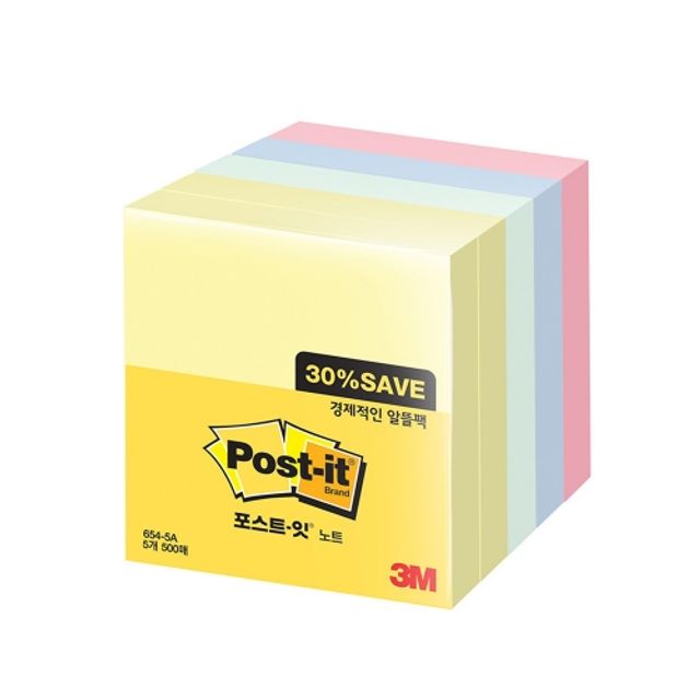 3M 포스트 잇 654-5A 알뜰팩/76x76/5개 450매 (1개)